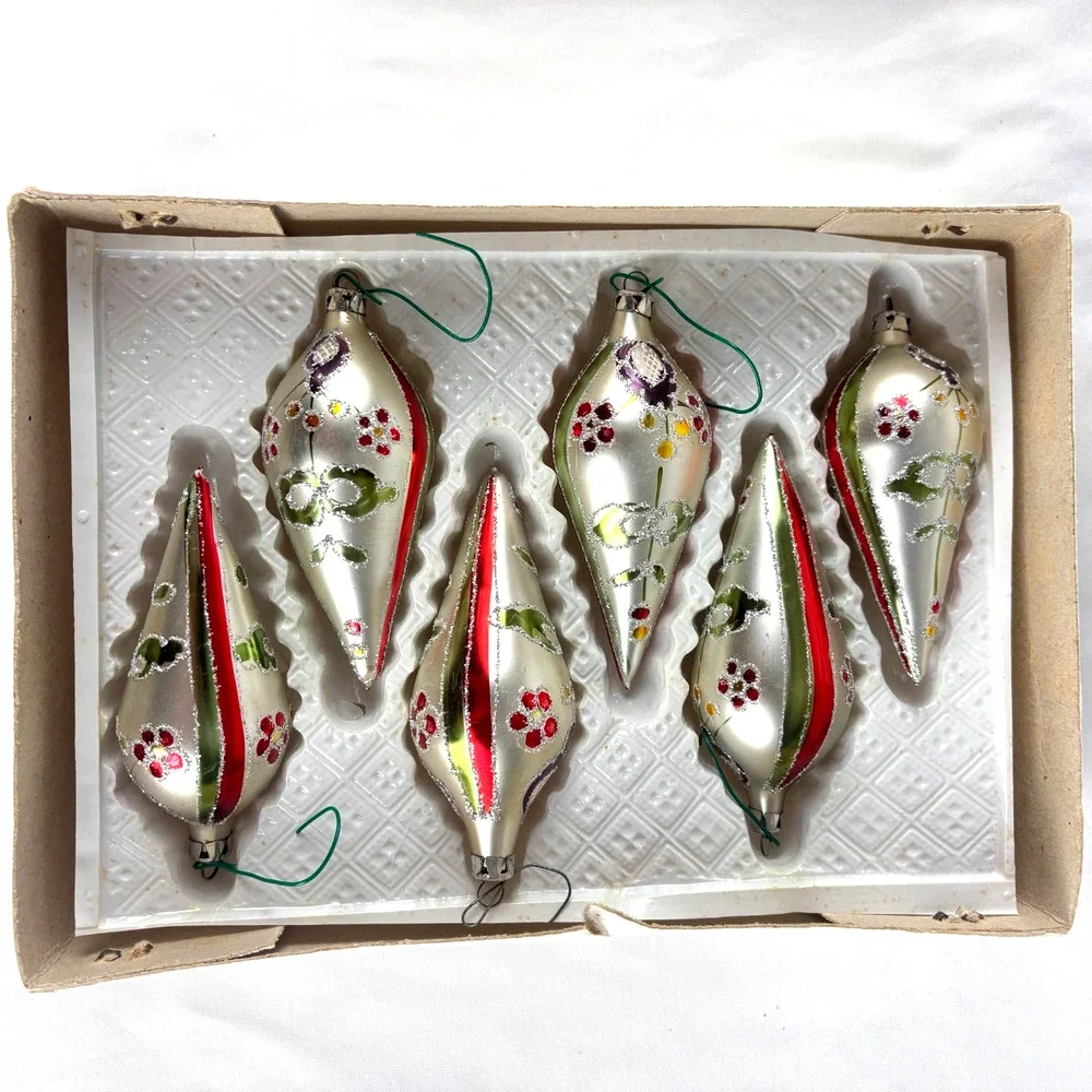 Vtg Romania Hand Decorated Glass Finial Ornaments Set of 6 Silver Red Glitter